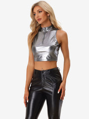 Metallic Crop Tops Mock Neck Zip Up Shiny Holographic Tank Top
