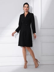 Work Elegant Notched Collar Belted Pleated Button Blazer Dress