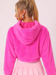 Casual Faux Fur Coat Zip Up Hooded Cropped Fuzzy Fleece Jacket