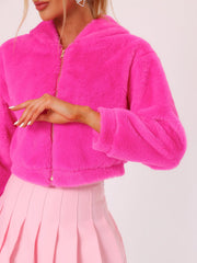 Casual Faux Fur Coat Zip Up Hooded Cropped Fuzzy Fleece Jacket