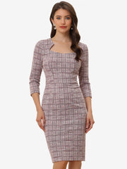 Elegant Square Neck 3/4 Sleeve Plaid Tweed Sheath Dress