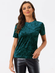 Velvet Crew Neck Short Sleeve Casual T-Shirt Top