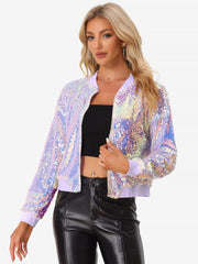 Sequin Sparkle Party Long Sleeve Zipper Bomber Jacket