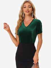 Velvet T-Shirt V Neck Short Sleeve Tee Tops