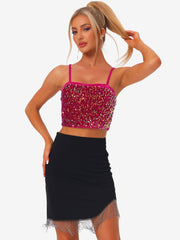 Sequined Velvet Spaghetti Strap Club Party Cropped Cami Top