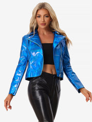 Metallic Biker Holographic Shiny Zipper Notched Jackets