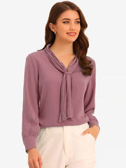 Long Sleeve Chiffon Pleated Tie Neck Office Blouse