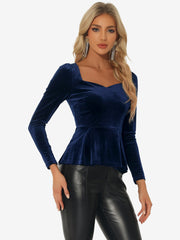 Velvet Blouse Elegant Sweetheart Neck Long Sleeve Peplum Top
