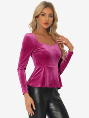 Velvet Blouse Elegant Sweetheart Neck Long Sleeve Peplum Top