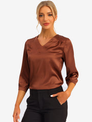 Casual Office Blouse 3/4 Sleeve V Neck Satin Shirt