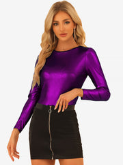 Long Sleeve Sparkly Party Glitter Shiny Metallic Blouse