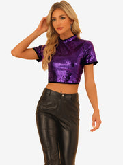 Sequin Sparkle Glitter Short Sleeve Shinning T Shirt Club Blouse