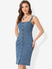Button Down Denim Sleeveless Sweetheart Neck Jeans Dress