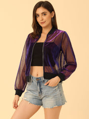 Sheer Mesh Shiny Long Sleeve See Through Zip Up Jacket