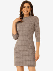 Mock Neck 3/4 Sleeve Slim Check Office Work Plaid Dress
