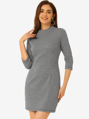 Mock Neck 3/4 Sleeve Slim Check Office Work Plaid Dress