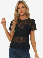 Lace Floral Scalloped Trim Short Sleeve Semi Sheer Blouse