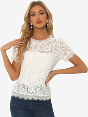 Lace Floral Scalloped Trim Short Sleeve Semi Sheer Blouse