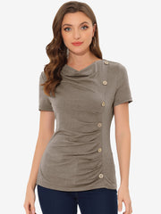 Cowl Neck Short Sleeve Casual Basic Solid Knitted Buttons Decor Ruched Top