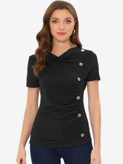 Cowl Neck Short Sleeve Casual Basic Solid Knitted Buttons Decor Ruched Top