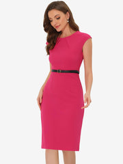 Elegant Business Cap Sleeve Belted Pencil Work Sheath Dress