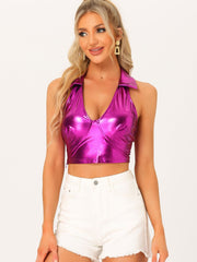 Holographic Crop Top Shimmering Shiny Party Halter Metallic Tops