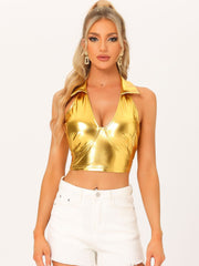 Holographic Crop Top Shimmering Shiny Party Halter Metallic Tops