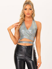Metallic Halter Neck Deep V Neck Backless Holographic Crop Top