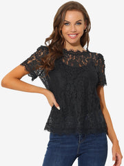 Lace Floral Scalloped Trim Short Sleeve Semi Sheer Blouse