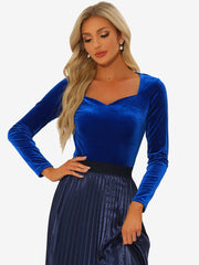 Casual Velvet Long Sleeve Solid Color Sweetheart Neck Blouse