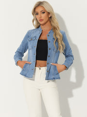 Casual Denim Classic Stand Collar Long Sleeve Jean Jacket