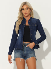Casual Denim Classic Stand Collar Long Sleeve Jean Jacket