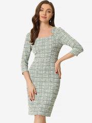Elegant Square Neck 3/4 Sleeve Plaid Tweed Sheath Dress
