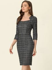 Elegant Square Neck 3/4 Sleeve Plaid Tweed Sheath Dress