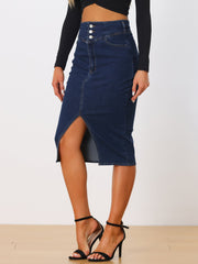 Casual Denim High Waist Split Hem Pencil Jean Midi Skirt