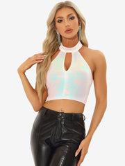 Sequin Halter Neck Sleeveless Cutout Shiny Party Crop Top