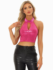 Sequin Halter Neck Sleeveless Cutout Shiny Party Crop Top