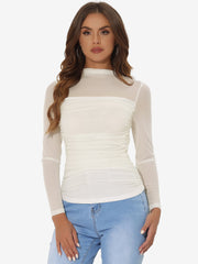 Mesh Solid Long Sleeve Mock Neck Sheer Panel Side Shirring Top