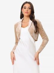 Long Sleeve Lapel Collar Velvet Open Front Cropped Bolero Shrugs