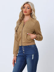 Faux Suede Crop Stand Collar Zip Up Biker Moto Bomber Jackets