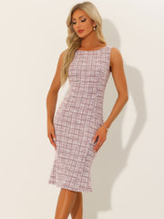 Tweed Sleeveless Elegant Plaid Midi Fishtail Dress
