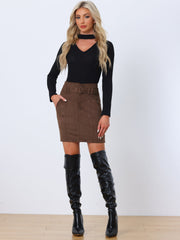 Faux Suede Casual High Waist Belted A-Line Mini Skirts