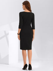 Notch Neck 3/4 Sleeve Work Office Business Midi Sheath Dress