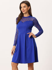 Party Heart Mesh Sheer Sleeve Crew Neck Skater Short Dress