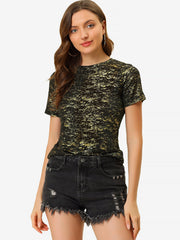 Party Metallic Textured Short Sleeve Shiny Multicolor Top