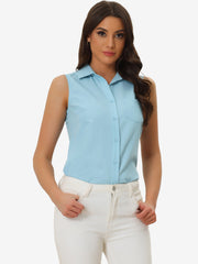 Denim Button Down Sleeveless Lapel V Neck Chambray Tunic Top