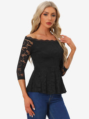 Elegant Lace Blouse Semi Sheer 3/4 Sleeve Off Shoulder Peplum Top