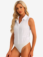 Sleeveless Collared Business Work Button Down Leotard Shirt Bodysuit
