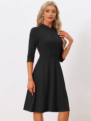 Retro 3/4 Sleeve Stand Collar Office Work Elegant A-Line Dress