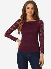 Off Shoulder Floral Lace Top Sheer Long Sleeves Casual Blouse